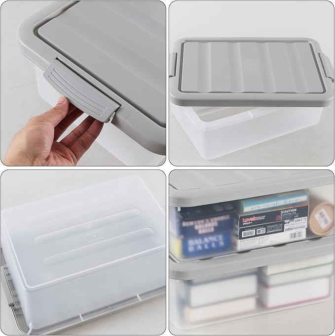 Wekioger Plastic Home Storage Bin with Grey Lid, 14 Quart Frosted Clear Latching Bin, 2 Packs
