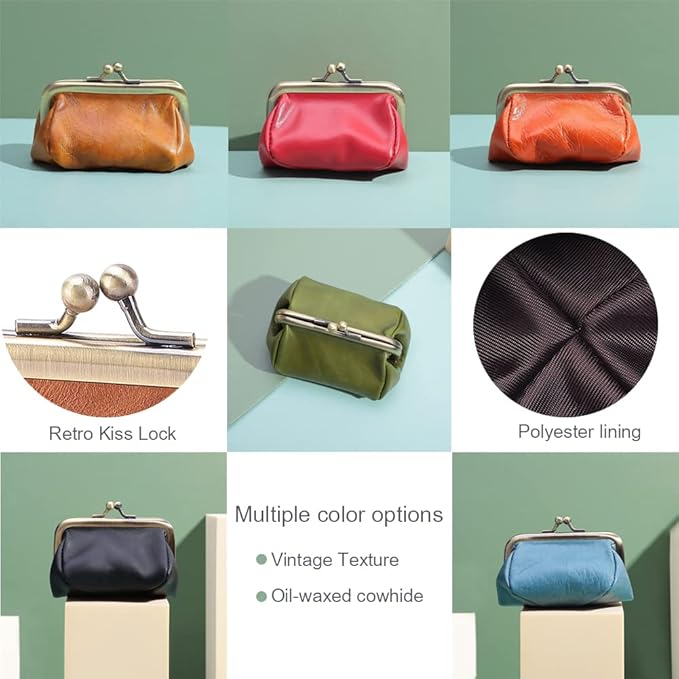 Genuine Leather Coin Purse for Women Small Kiss Lock Change Purse Clasp Coin Coin Holder Pouch Cute Wallet (Coffee)