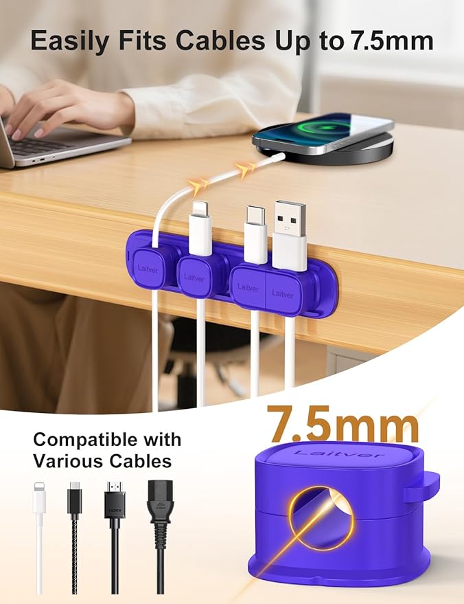 6 Pack Magnetic Cable Clips [1s Open/Lock], Laitver Cord Organizer Holder Strong Adhesive Desk Cable Management- Organize Charging Cords Neatly for Home, Office, Car,Desk, Nightstand-Dark Blue