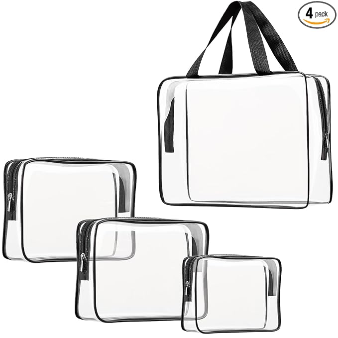 4Pcs Crystal Clear PVC Travel Toiletry Bag Kit for Women Men, Waterproof Vinyl Packing Organizer Storage Bags with Zipper Handle Straps, Cosmetic Pouch Carry on Airport Airline Compliant Bag Handbag