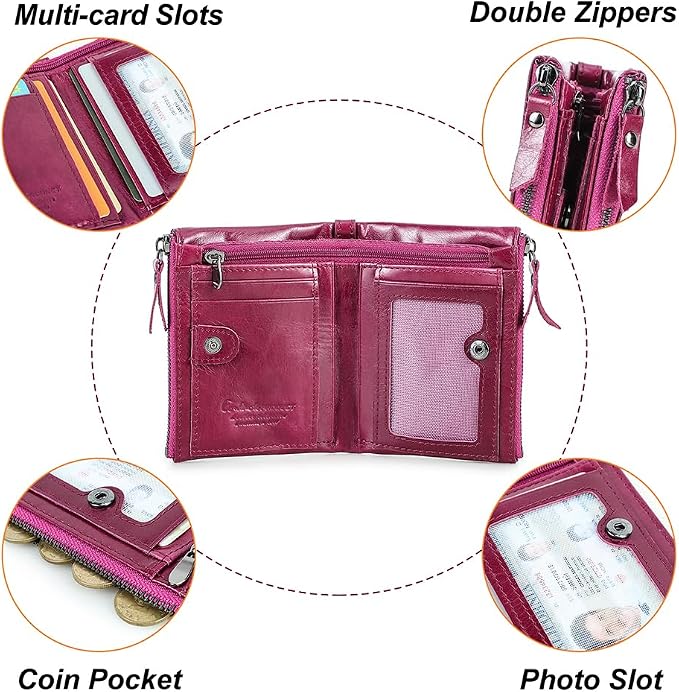 CONTACTS Soft Leather Wallet for Women Small Bifold Coin Purse Double Zipper Card Holder with RFID Blocking (Purplish Red)