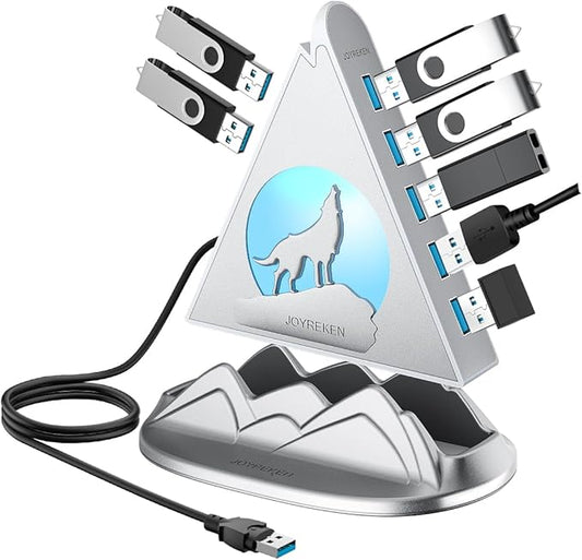 USB Hub 3.0, 7-Port USB Hub with RGB Night Light and Base, Vertical USB a Splitter for Desktop,Laptop, MacBook, Xbox, PS4/5, Game Console, Flash Drive, XPS, PC, Printer, Camera, Keyboard (Silver+Base)