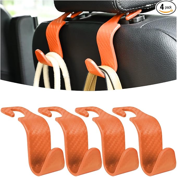 Osilly Car Seat Headrest Hook, 4 Pack Auto Seat Hanger Storage Organizer for Purse Handbag Coats Grocery Bags, Car Interior Accessories, Universal Vehicle Backseat Plastic Hanging Hook (Orange)