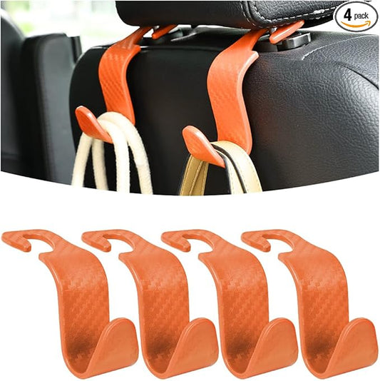 Osilly Car Seat Headrest Hook, 4 Pack Auto Seat Hanger Storage Organizer for Purse Handbag Coats Grocery Bags, Car Interior Accessories, Universal Vehicle Backseat Plastic Hanging Hook (Orange)