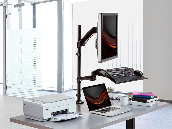 Monoprice Articulating Gas Spring Sit Stand Monitor and Keyboard Workstation Mount - for Displays 13in to 26in, VESA 75x75 to 100x100, Easy to Use, Compatible with Most Desks, Black
