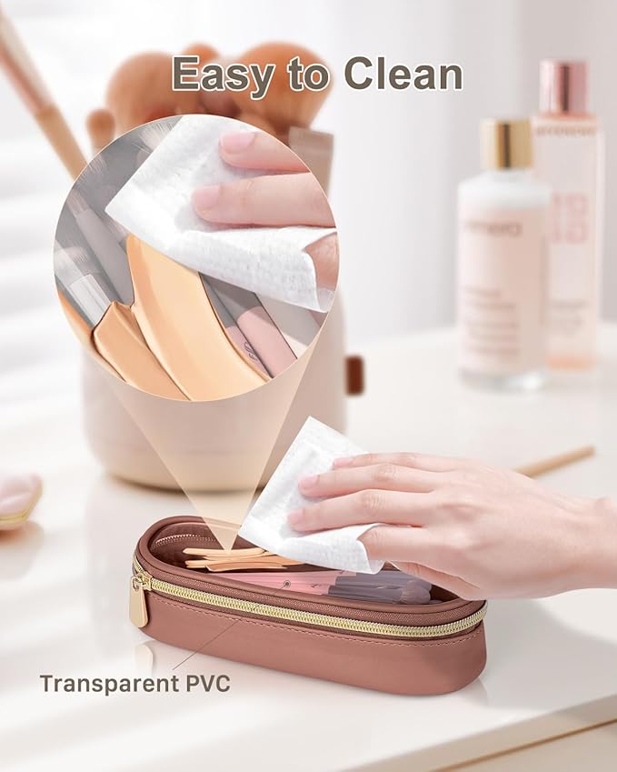 Soimeat Clear Travel Makeup Brush Holder, Leather Makeup Brush Toiletry Bag, Portable Cosmetic Brush Case, Transparent Waterproof Makeup Brush Storage Bag, Brown