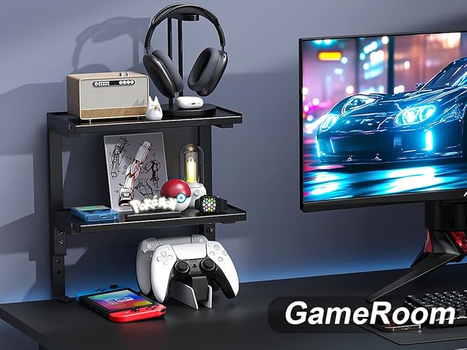 2-Tier Desk Shelf, Expandable Under Desk Storage, Clamp on Desk Shelf, Desktop Accessories for Offices, Study Rooms, and Game Rooms (Black)