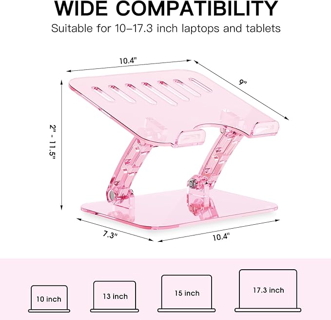 Pink Acrylic Adjustable Laptop Stand,Adjustable Height Foldable Laptop Riser for Desk, Clear Portable Laptop Holder Ergonomic Computer Stand,Compatible with 10-17.3??Laptops (Pink)
