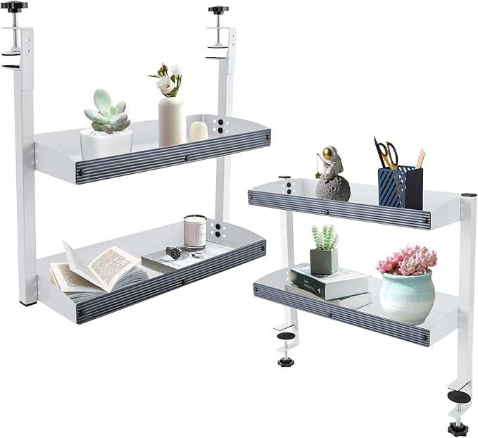 Clamp on Desk Shelf for Working Accessories, 2 Tier Office Desk Shelves Organizer with 2 Mounting Forms, Desktop Supplies Storage Rack with Steel Tray, Heavy Duty Desk Organizers, White