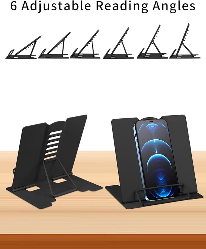 MSDADA Small Desk Book Stand Metal Reading Rest Book Holder Adjustable Cookbook Documents Holder Portable Sturdy Bookstands for Recipes Textbooks Tablet Music Books(Black)