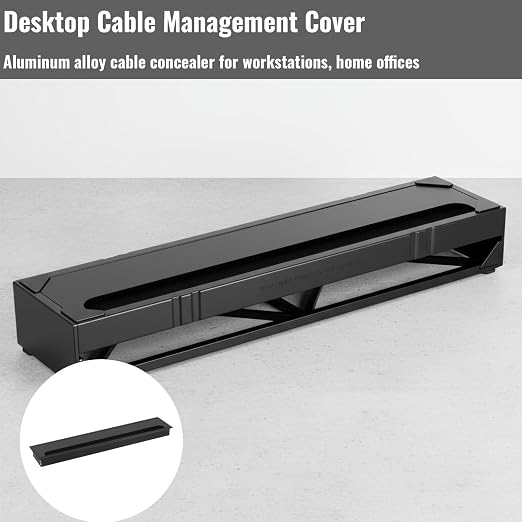 Desktop Cable Management Cover for Desk Organization - Aluminum Alloy Cable Box with Brush Seal (Black, 8.0x40.0x2.8 cm)