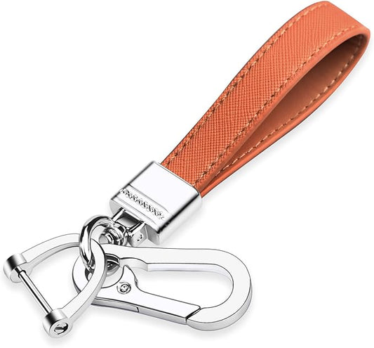 QBUC Genuine Leather Car Keychain,Universal Heavy Duty Metal Key Chain Accessories,Car Fob Key Keychain Holder with 360 Degree Rotatable Snap Swivel and Anti-Lost D-Ring for Men Women(Orange)