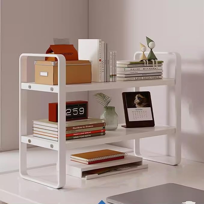 2 Tier Desktop Bookshelf, Office Desk Shelf Organizer, Metal Frame Wood Board Rack, Countertop Bookshelf for Office Supplies Display Rack, for Dorm, Home, School, Office(White,40cm/17.7")