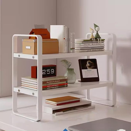 2 Tier Desktop Bookshelf, Office Desk Shelf Organizer, Metal Frame Wood Board Rack, Countertop Bookshelf for Office Supplies Display Rack, for Dorm, Home, School, Office(White,40cm/17.7")
