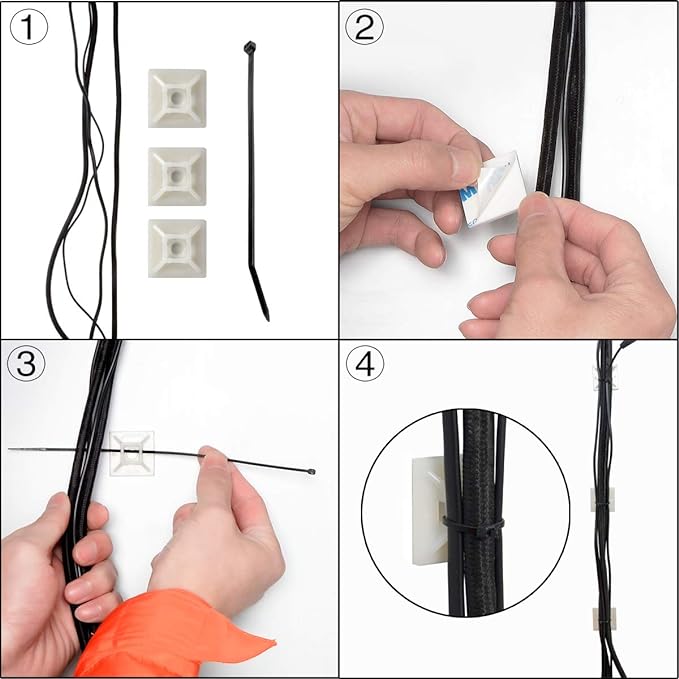 XHF 100 PCS 1.1" Black Self Adhesive Cable Zip Tie Mounts Wire Cable Clips Holders Management Anchors Organizer Holders Squares(HS-102)
