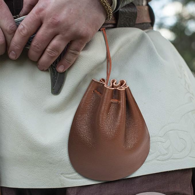 Nabob Leather Leather Drawstring Pouch, Coin Bag, Medicine Tobacco Pouch Medieval Reenactment Made in U.S.A Size 5" x 4.5"