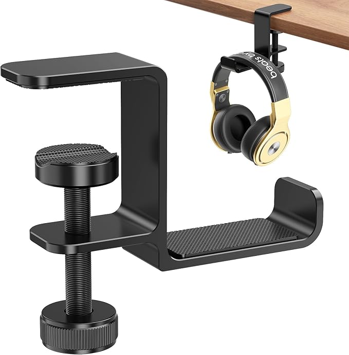 Headphone Hanger Holder Stand-Under Desk Headphone Hanger， Headset Hook Holder Space-Saving Aluminum Stand with Universal Fit for Gaming PC Accessories (Black-1PCS)