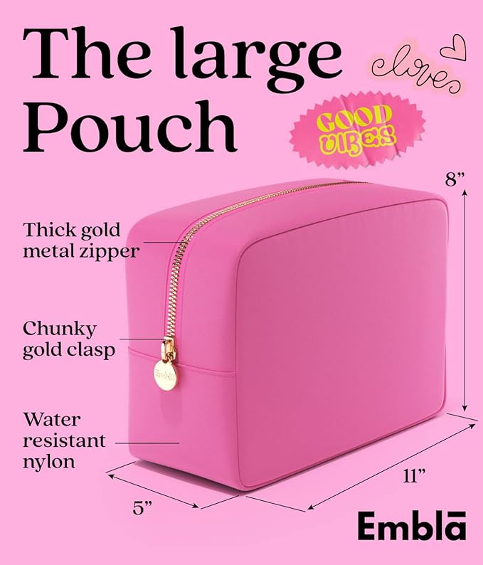 Embla Large Makeup Bag and Waterproof Nylon Travel Toiletry Bag, Large Capacity Cosmetic Zipper Pouch, Hot Pink