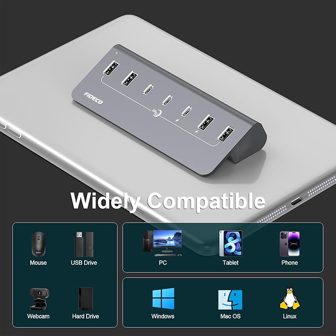 FIDECO Powered USB Hub, 7 Port 10Gbps Fast Data Hub for iPhone 16/15 and Laptop, Full Aluminum USB Splitter with 5V 3A Power Adapter, 4 USB A and 3 USB C Ports, Support BC1.2 Charging (Grey)