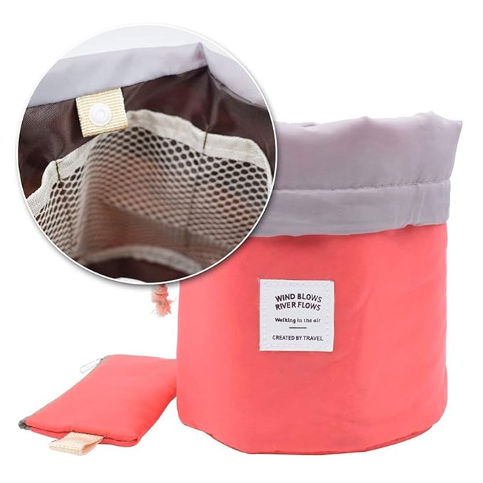 INVODA 2PCS Travel Cosmetic Bags Barrel Makeup Bag Portable Foldable Cases Multifunctional Toiletry Bucket Bags Round Bag Organizer (Blue+Red)
