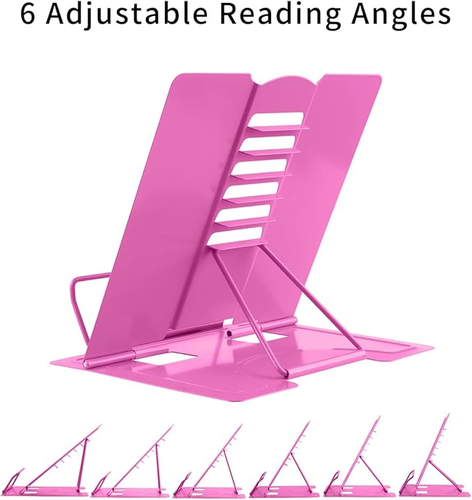 MSDADA Desk Book Stand Metal Reading Rest Book Holder Adjustable Cookbook Documents Holder Bookstands for Recipes Textbooks Tablet Music Books Birthday Gifts for Teachers, Boys and Girls (Rose Red)