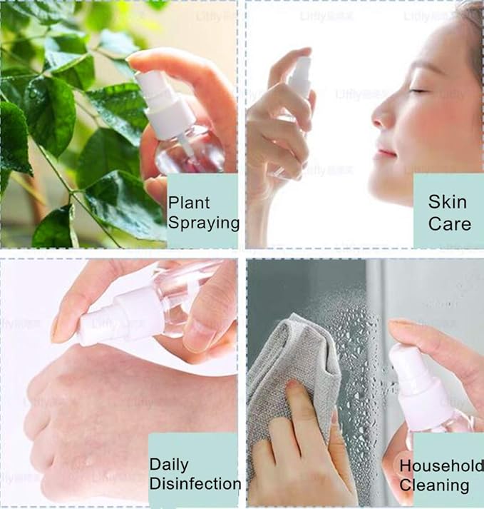 SINIDE Spray Bottles 30 ml/1 oz, 4 Pack Clear Empty Fine Mist Plastic Mini Travel Bottle Set, Portable Refillable Makeup Sprayer Containers for Perfume, Liquids, Aromatherapy, Small Size
