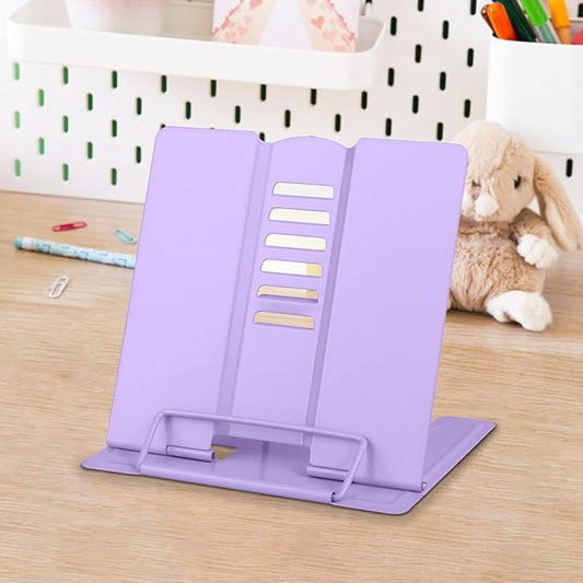 Honagu Small Book Stand Book Holder Metal Desk Book Stand for Reading Hands Free, Adjustable Cookbook Documents Holder, Portable Bookstand for Music Books, Textbook, Recipe, Tablet, Ipad (Purple)