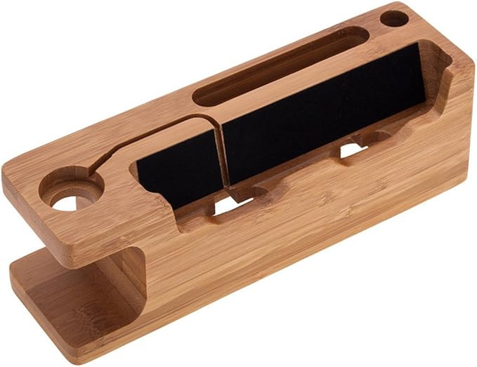 MOOZO Bamboo Wood Desktop Charging Dock Station Charger Holder Cradle Stand Compatible iPhone 16 15 14 13 12 11 Pro Max Apple Watch 2 3 4 / iWatch Samsung Galaxy S8 S7 S6 Edge Plus LG HTC Smartphones