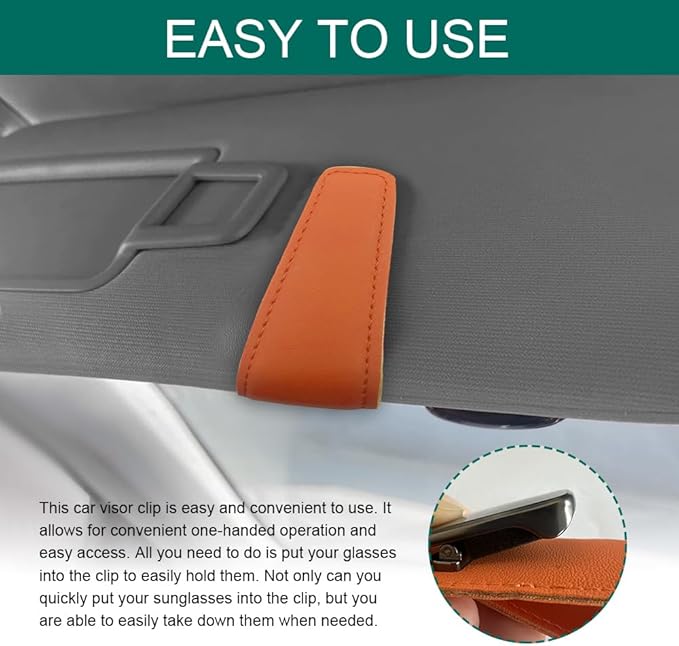 Sunglasses Holders for Car Visor, Visor Accessories, Magnetic Leather Sunglasses Holder and Ticket Card Clip, Eyeglass Hanger Clip Auto Interior Accessories Fit for Most Cars (Orange)