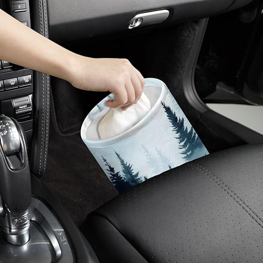 Mountain Forest Car Trash Can Waterproof Garbage Can Car-Seat Back Hanging Trash Bag Portable Camping Waste Bin Storage Bag Collapsible Rubbish Container for Cars (5.9" W,7.2" H)