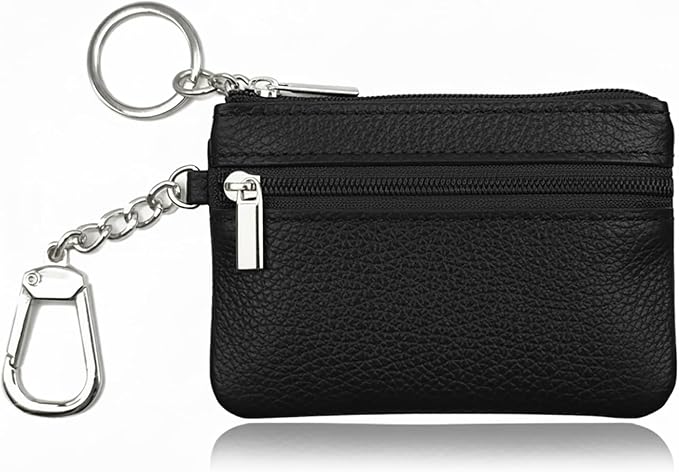 Hibate Small Leather Coin Purse Change Pouch for Women Men Kids with Zip Key Ring (Clip_Black)
