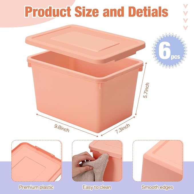Potchen 6 Pack Cute Plastic Storage Bins with Lids Decorative Stackable Storage Boxes 9.8" ×7.3" ×5.7" Small Storing Totes for Organizing Craft Office Supplies (Pink,Purple,Orange)