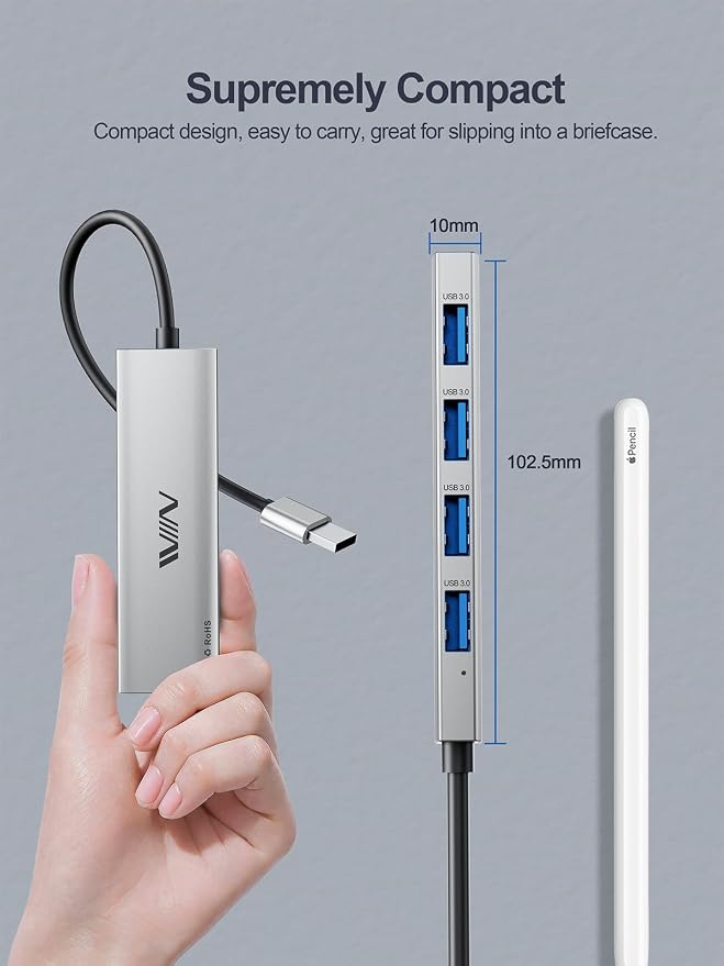 USB 3.0 Hub, 4 Port USB Hub Splitter, USB A Expander Portable USB Adapter Multiport Data Hub for Laptop, iMac Pro, MacBook Air, Mac mini/Pro, Surface Pro, USB Flash Drives, and Mobile HDD-Sliver