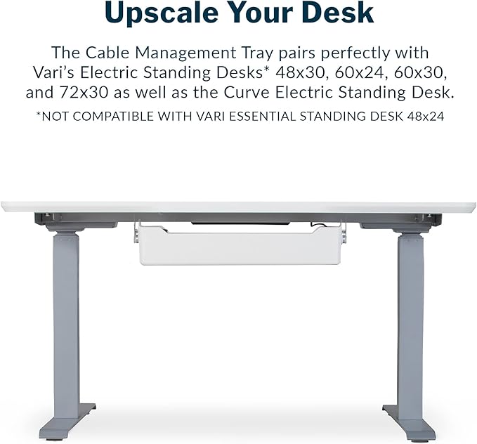 Vari Cable Management Tray - Under Desk Cord & Wire Organizer - Ideal for Home Office Sit Stand Desks - Fits Adjustable Electric Standing Desk 48x30, 60x30, 60x24, 72x30 - Easy Assembly (White)
