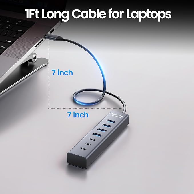 USB C to USB Hub Multiport Adapter, Aluminium 7-Port USB C Hub Multiport Adapter, USB Extenders, USB c Splitter for Thunderbolt, MacBook Pro/Air, Laptop, iPad, iMac, U Flash, PSSD, Keyboard, Mouse