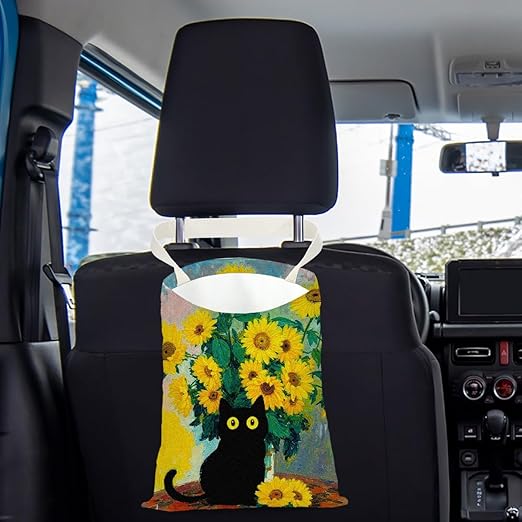 Black Cat Car Trash Bag, Car Trash Bag Hanging, Waterproof Cars Back Seat Hanging Organizer and Storage Trash Bags for Vehicle Travelling Camping Sunflowers Decor
