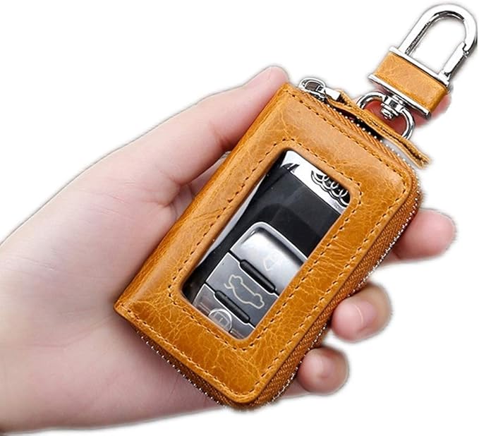 BAKUN Premium Mini Leather Car Key Case, Car Smart Key Chain Holder Wallet Zipper Bag for Remote Key Fob