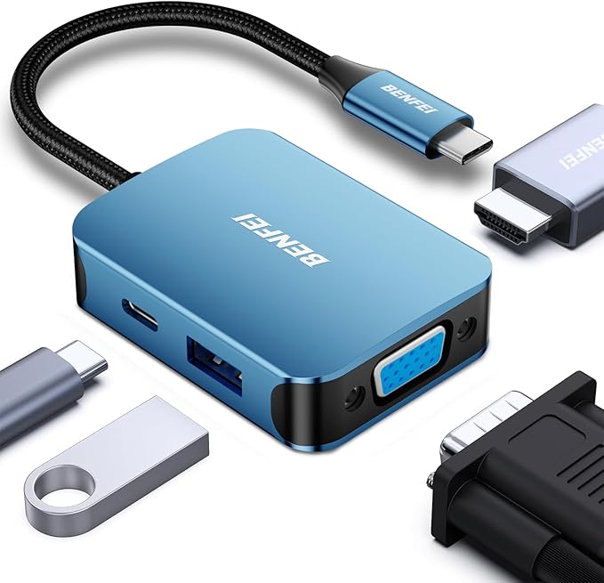 BENFEI USB C HUB 4-in-1, USB Type-C to HDMI VGA Adapter, USB C to USB Adapter, USB Type-C Power Delivery, Compatible with iPhone 15 Pro/Max, MacBook Pro/Air 2023, iPad Pro, iMac, S23, XPS 17