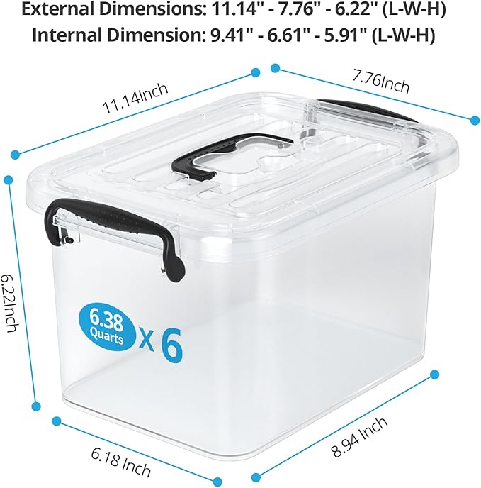 Plastic Storage Containers with Lids - 6 Pack 6 Quart Clear Storage Bins with Lids, Stackable Storage Containers for Organizing, Small Plastic Storage Box with Lid, Black Handle and Latches
