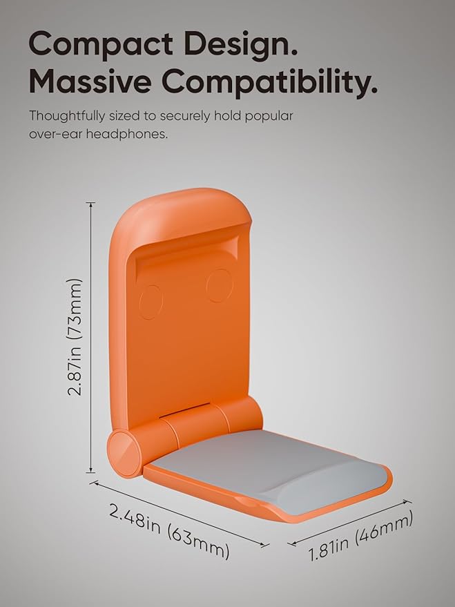 MAMUVIMO Headphone Stand, Headset Stand Foldable ＆ Sticky, Headphone Holder Hook Mount with Non-Slip Silicone, Adhesive Earphone Desk Hanger Clip Space-Saving for Airpods Max, All Earphones- Orange