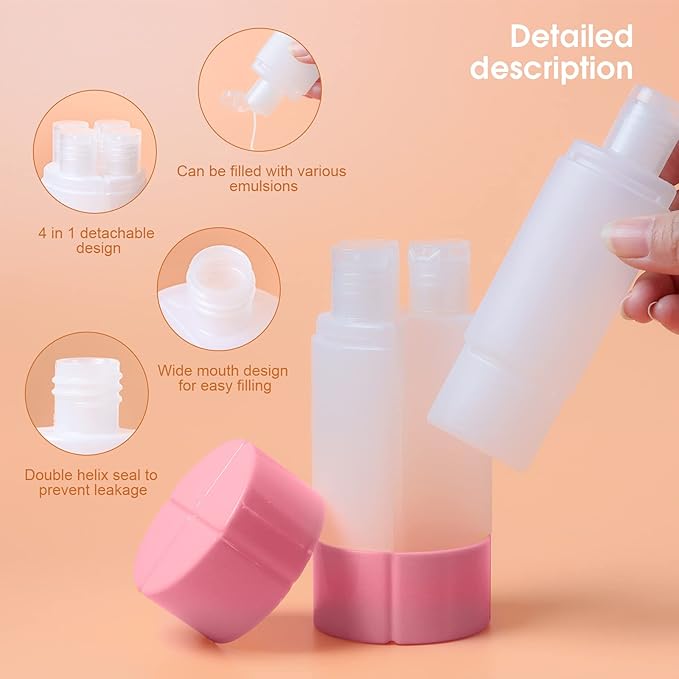 Olatay Travel Bottle, TSA Approved 4-in-1 Leak-Proof Bottle, 4 * 60ml/2oz, with 2 Pre-Printed Labels for Travel Gym Camping, Carry-on Travel Size Toiletries Shampoo Lotion Bottle for Women Men (Pink)