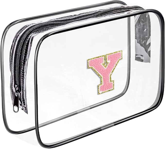 Clear Toiletry Bag,Portable Travel Toiletry Bag,Chenille Letter Cosmetic Bag with Zipper,Waterproof Makeup Bag,Cosmetic Storage Organizer for Women Men,Travel Essentials (Black,Y)