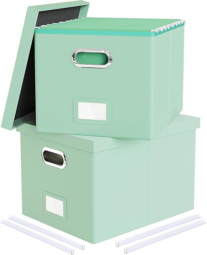 Oterri 2 Pack File Storage Organizer Box,Portable File Box with Lid,Fit for Letter/Legal File Folder Storage, Mint-green(Leather)