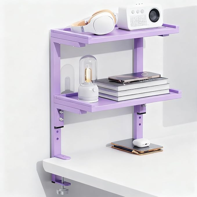 Spacrea clamp on Desk Shelf, 2 Tier Office Desk Shelves Organizer, Wood Desktop Supplies Storage Rack, Desk Organizers and Accessories (Purple)
