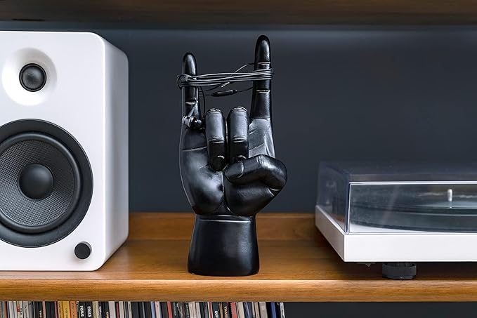 Luckies Headphone Stand - Headphone Holder - Rock On Hand - Headset Stand - Mens Jewellery Holder - Mens Desk Accessories - Controller Holders - Guitar Accessories - Desk Tidy - Dad Rock Gifts - Black
