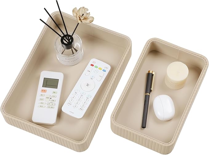 Desk Organizer Tray, PU Leather Nightstand Organizer Perfume Valet Tray for Men Women, Decorative Vanity Trays Trinket Dish Key Bowl for Entryway Table (2pcs, Beige, Large+Small)