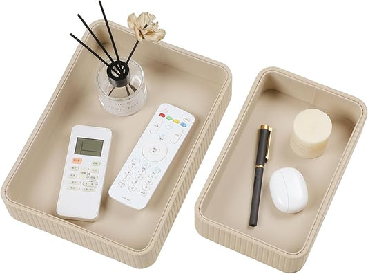 Desk Organizer Tray, PU Leather Nightstand Organizer Perfume Valet Tray for Men Women, Decorative Vanity Trays Trinket Dish Key Bowl for Entryway Table (2pcs, Beige, Large+Small)