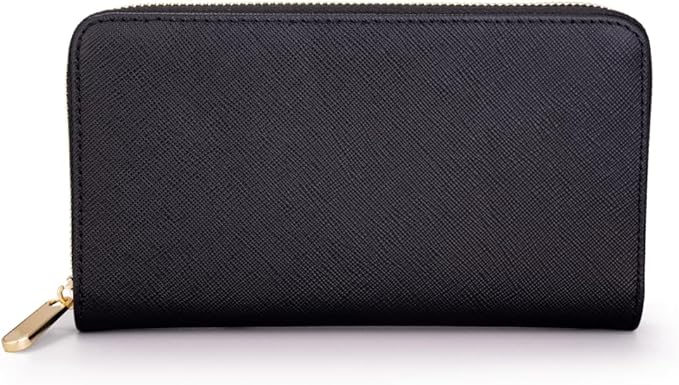 Luxury Real Leather Zip Around Travel Wallet | Large Capicity Card Holder Organizer | Classic Phone Clutch for Men Women (Black - Saffiano Leather)