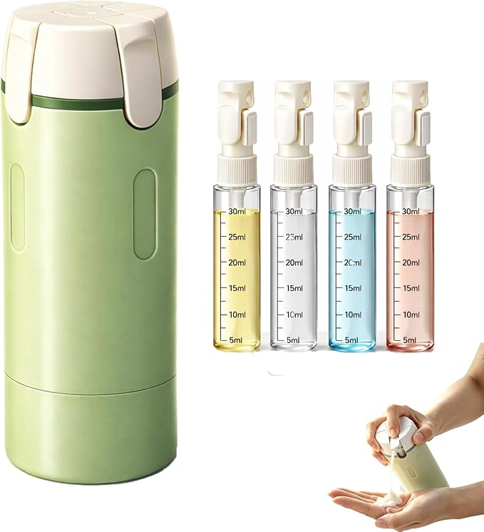 4 in 1 Travel Dispenser, Travel Bottles for Toiletries, No Squeeze Press Dispenser 30ML Leak Proof Travel Containers, Portable Refillable Shampoo Lotion Conditioner Bottles with Labels(1Green)