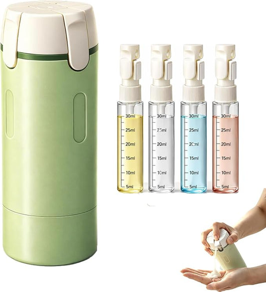 4 in 1 Travel Dispenser, Travel Bottles for Toiletries, No Squeeze Press Dispenser 30ML Leak Proof Travel Containers, Portable Refillable Shampoo Lotion Conditioner Bottles with Labels(1Green)